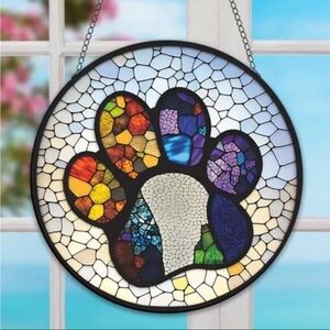 Multicolored Mosaic Dog Paw 2 Sided Acrylic Suncatcher With Metal Chain